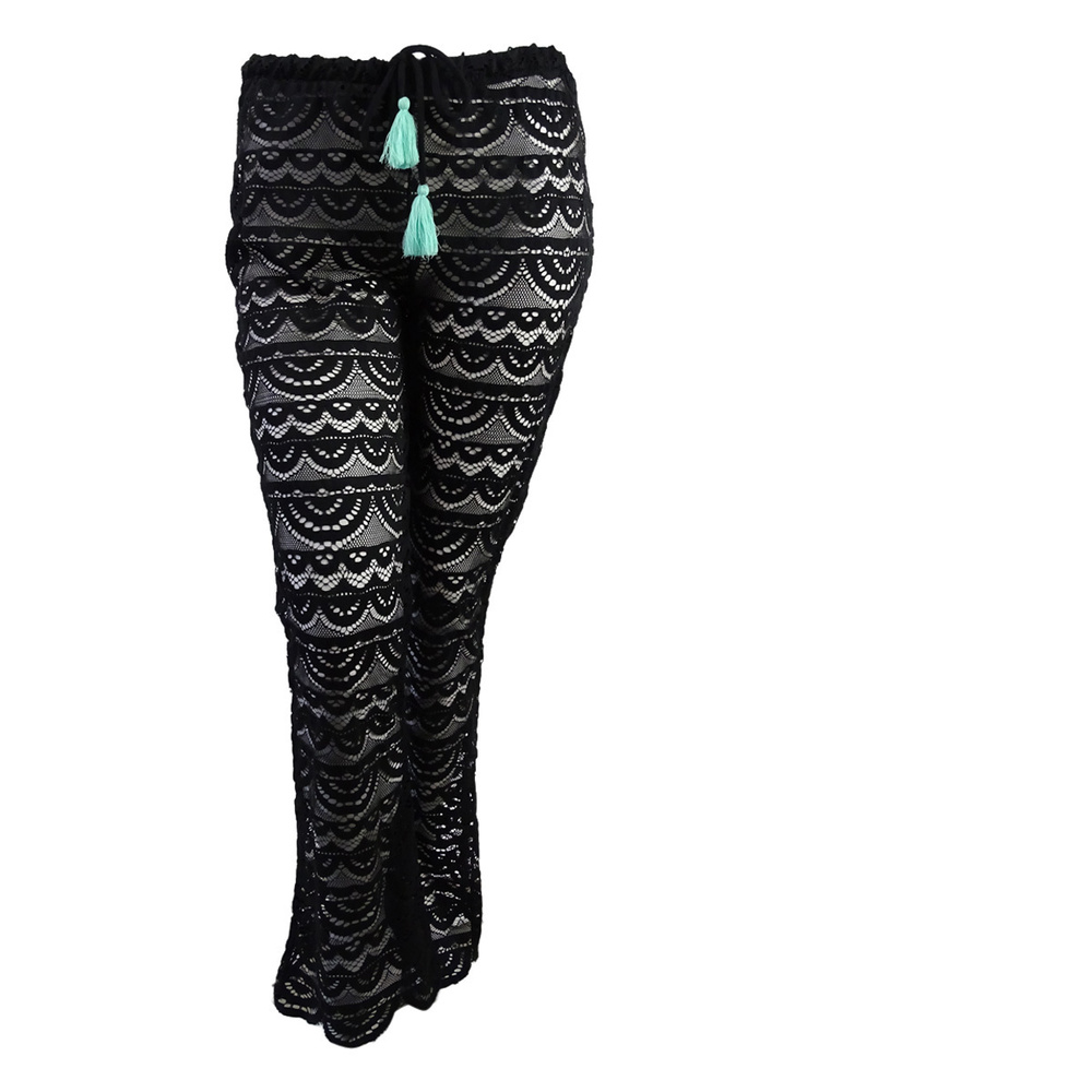 Miken Womens Scalloped Crochet Pants Swim Cover-Up (Black  S)